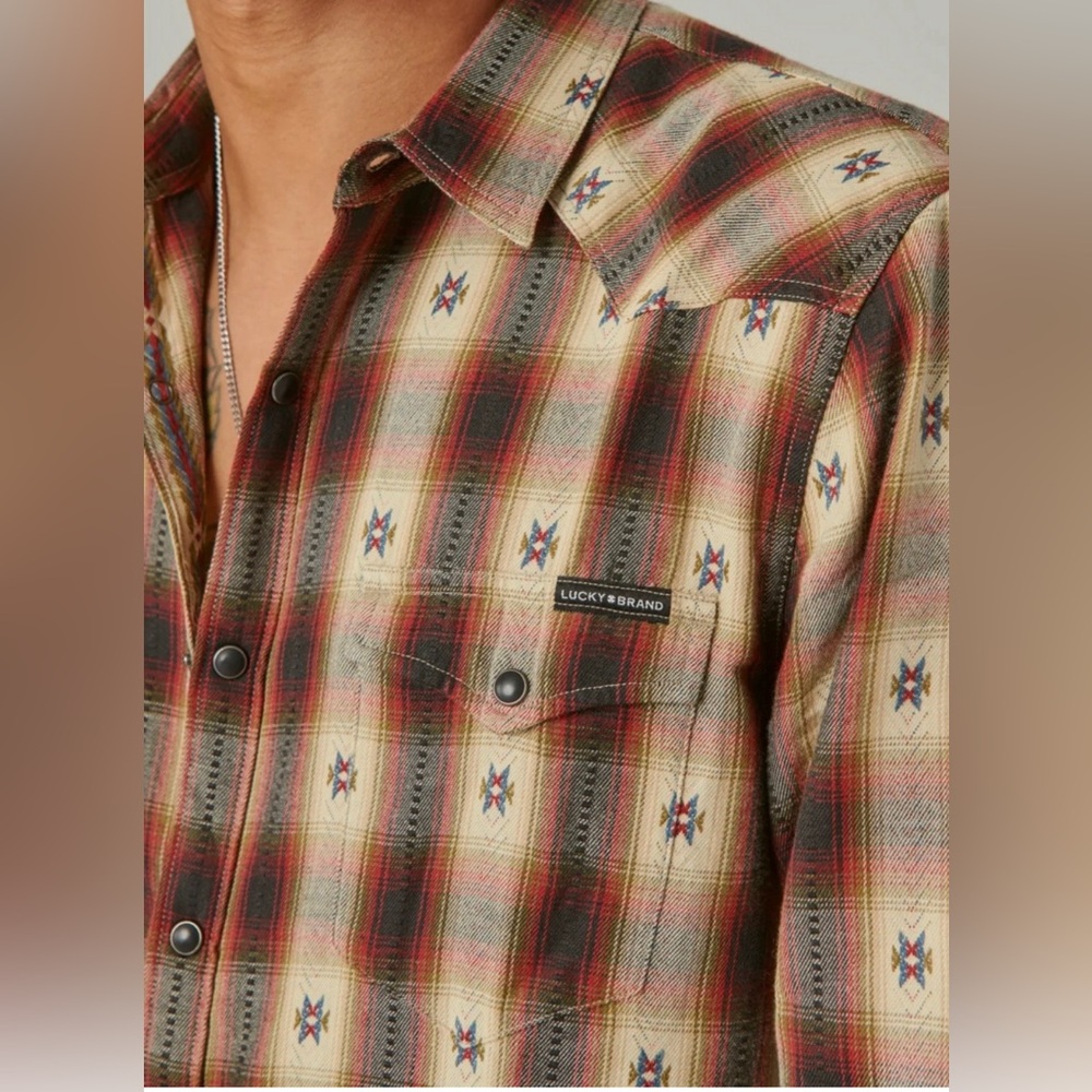 Lucky Brand men’s Plaid Dobby Western Long Sleeve Shirt, brown tan size medium M - Picture 4 of 7